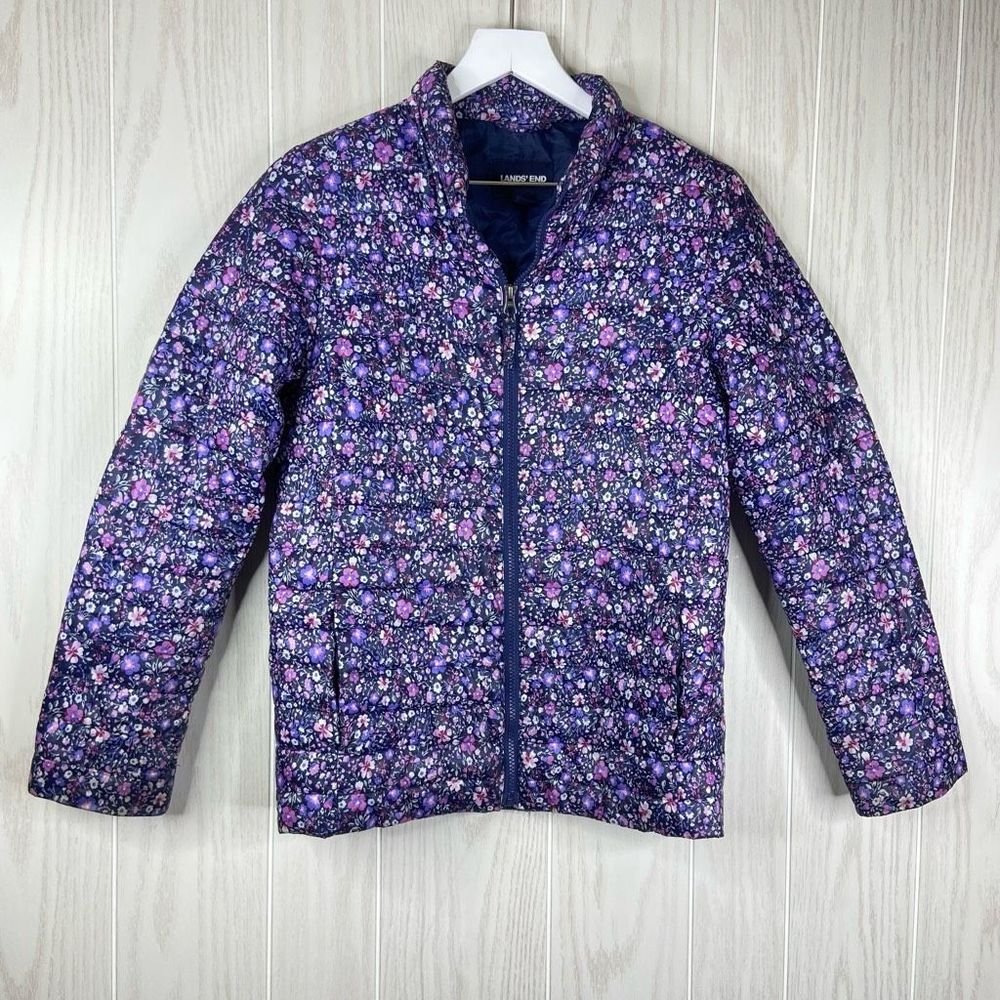Lands’ End Girls Floral Puffer Primaloft Jacket Size L 14-16 - Picture 1 of 7